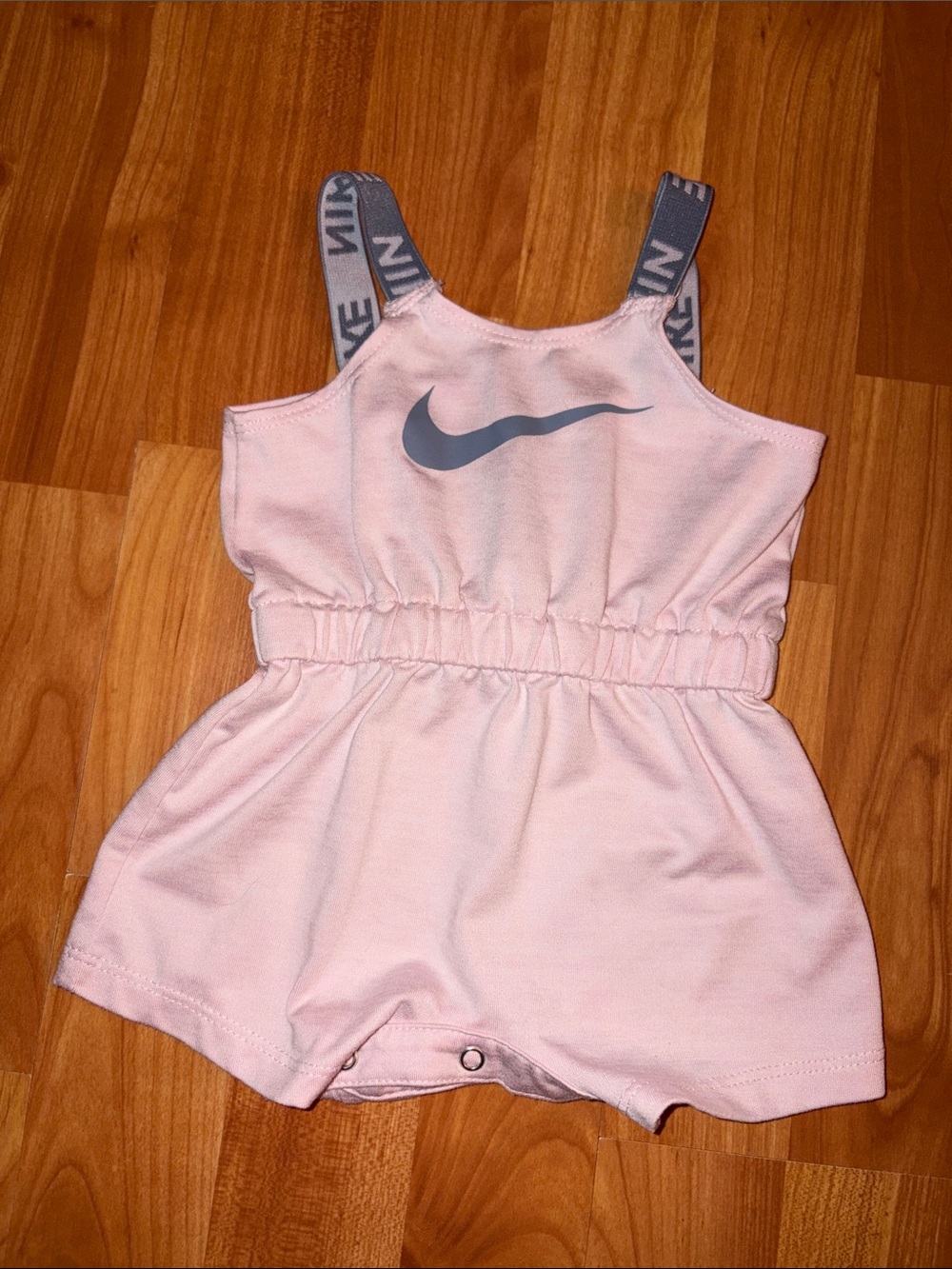 Nike Pale Pink Romper with Grey Swoosh and Branded Straps Infant Girl 3 months